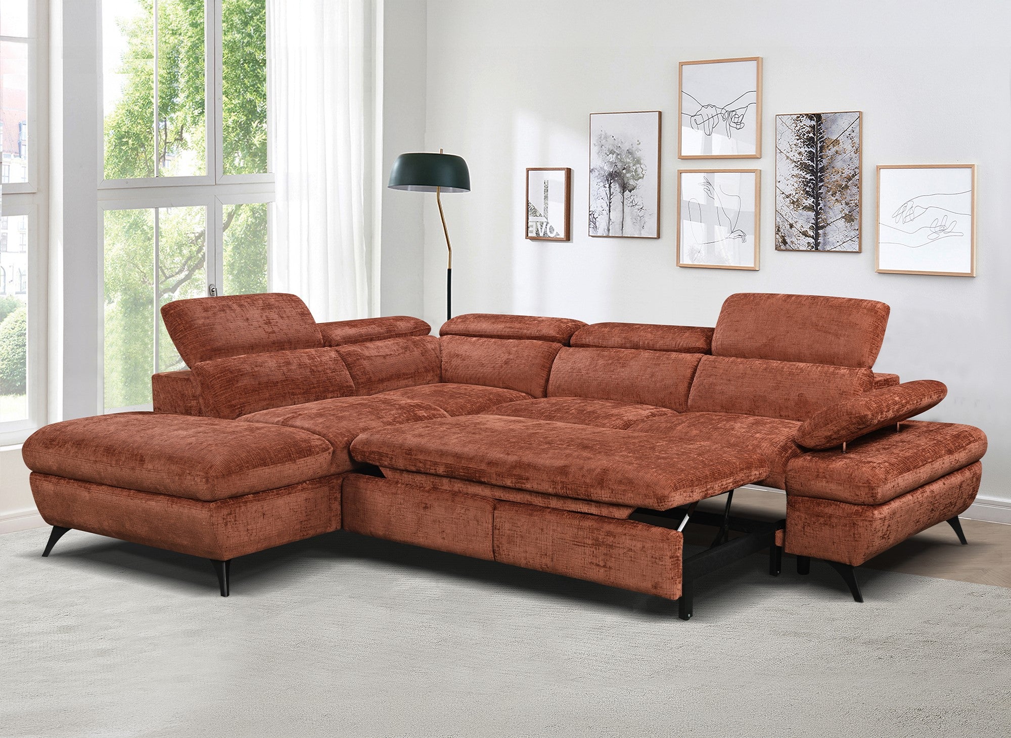 Divano angolare trasformabile con cassapanca in velluto screziato terracotta LUFY - Angolo sinistro