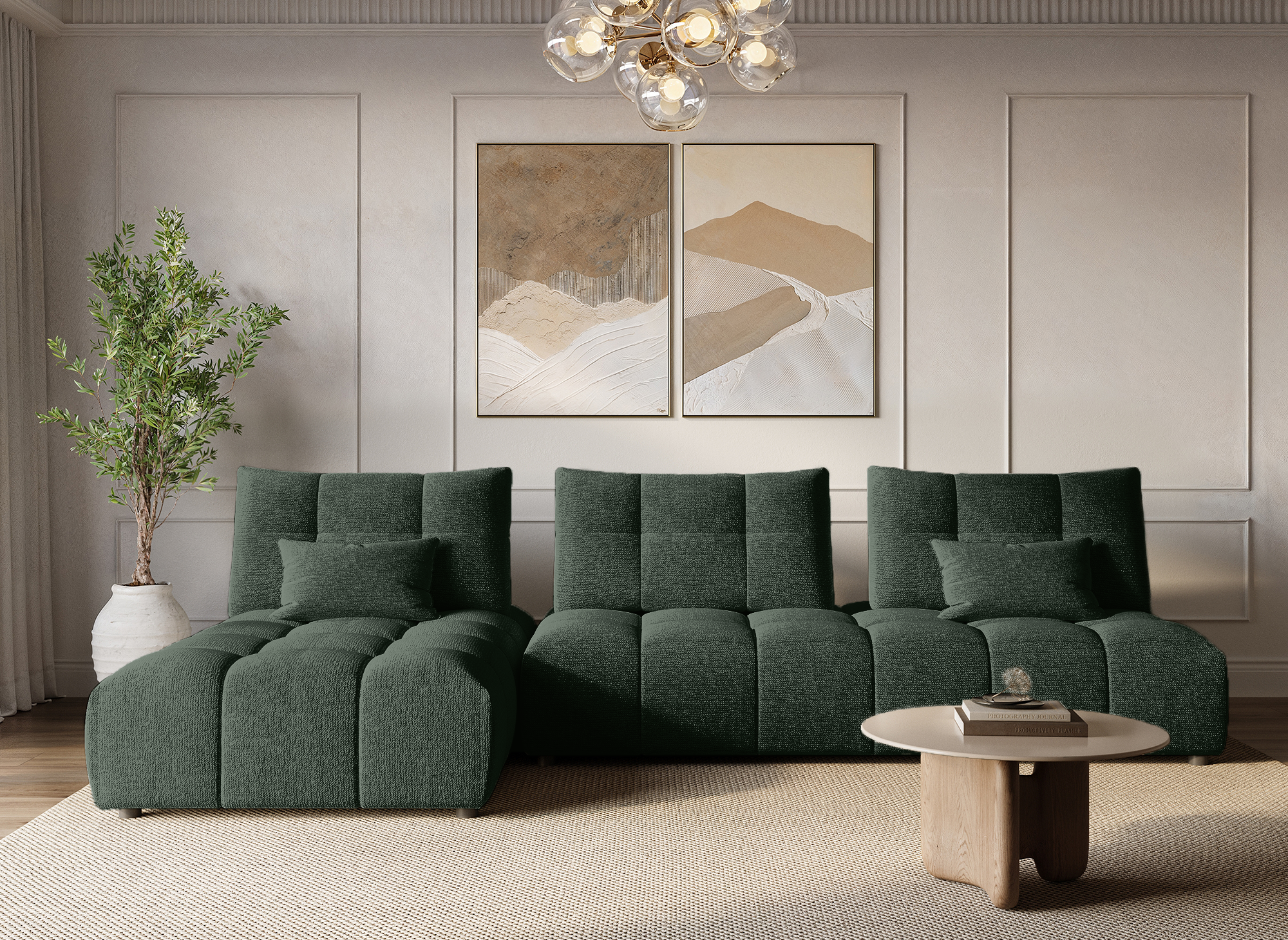 Canapé d'angle réversible en velours texturé vert kaki ALANA