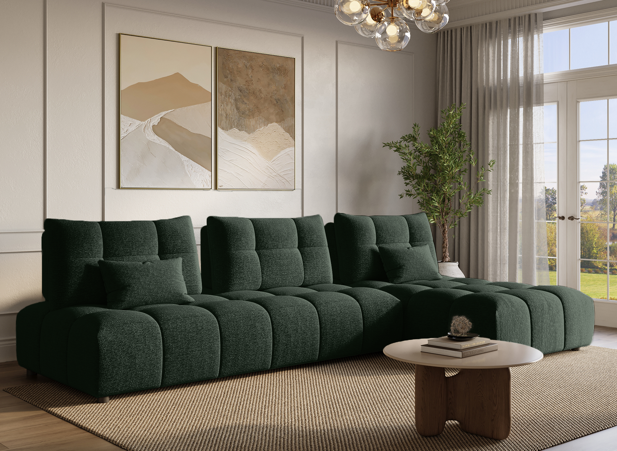 Canapé d'angle réversible en velours texturé vert kaki ALANA