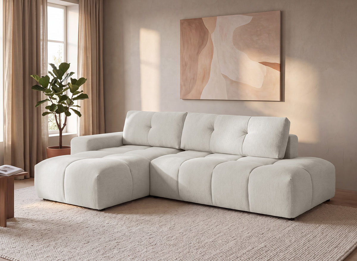 Divano angolare trasformabile con cassapanca in tessuto strutturato beige ANGELINE - Angolo sinistro