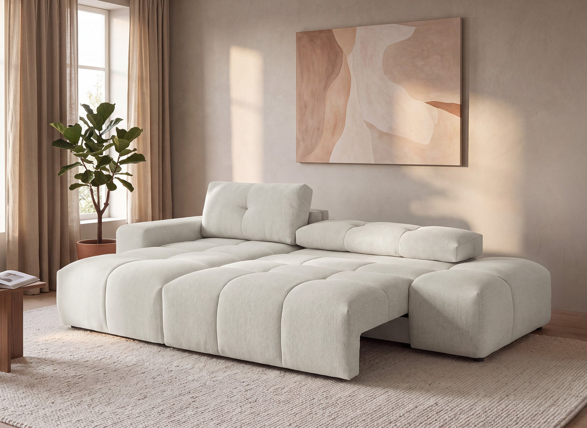 Divano angolare trasformabile con cassapanca in tessuto strutturato beige ANGELINE - Angolo sinistro