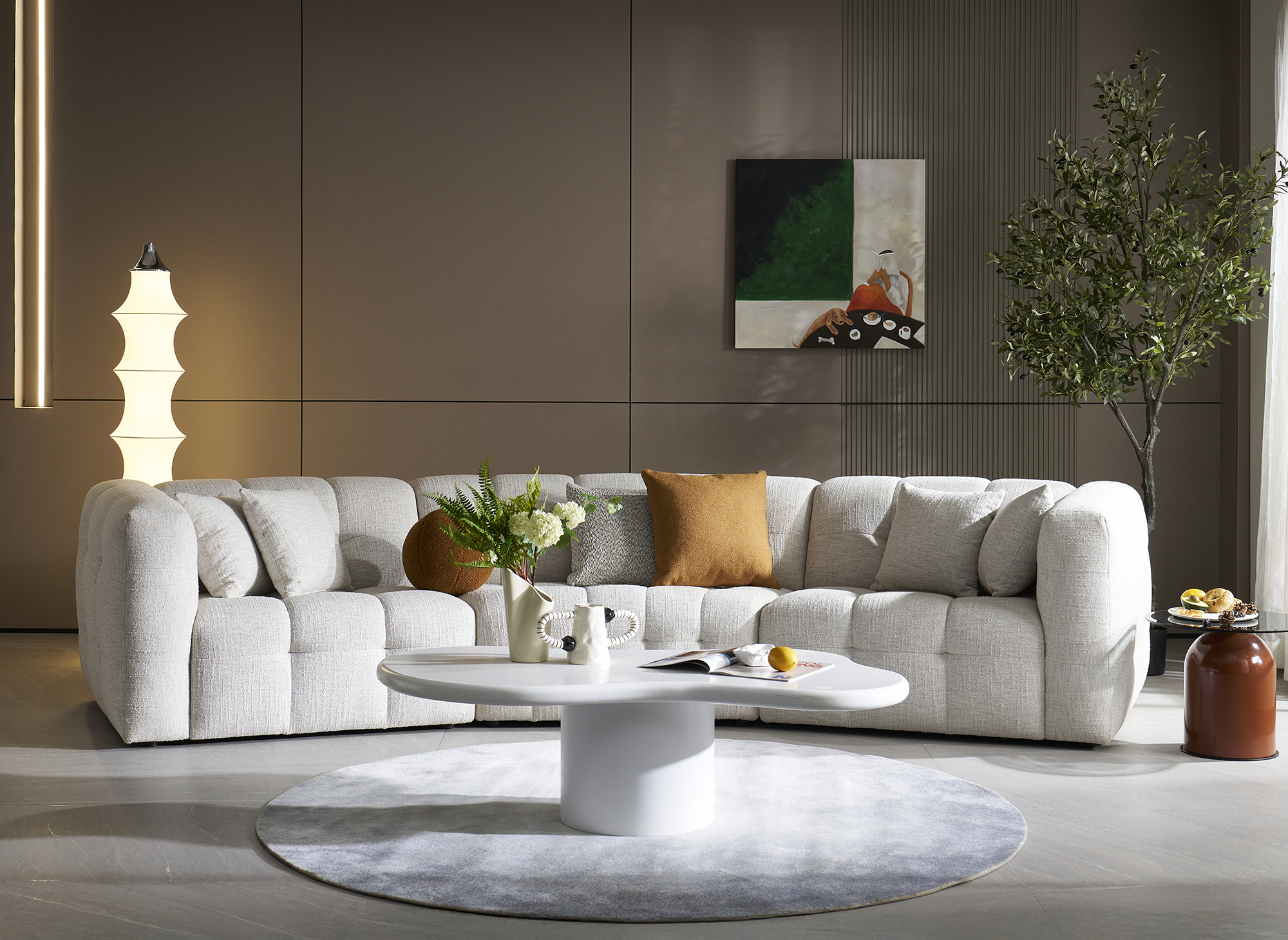 Canapé droit 5 places en velours texturé beige ARELIA