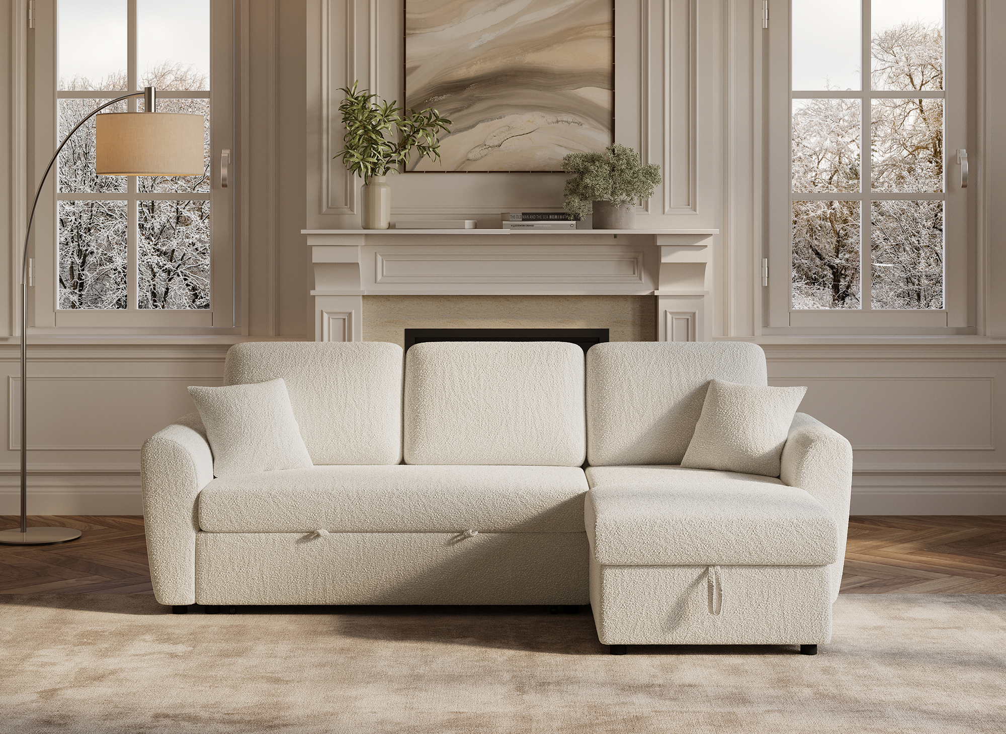 Divano angolare trasformabile e reversibile con cassapanca in tessuto spugna beige ADRYEN