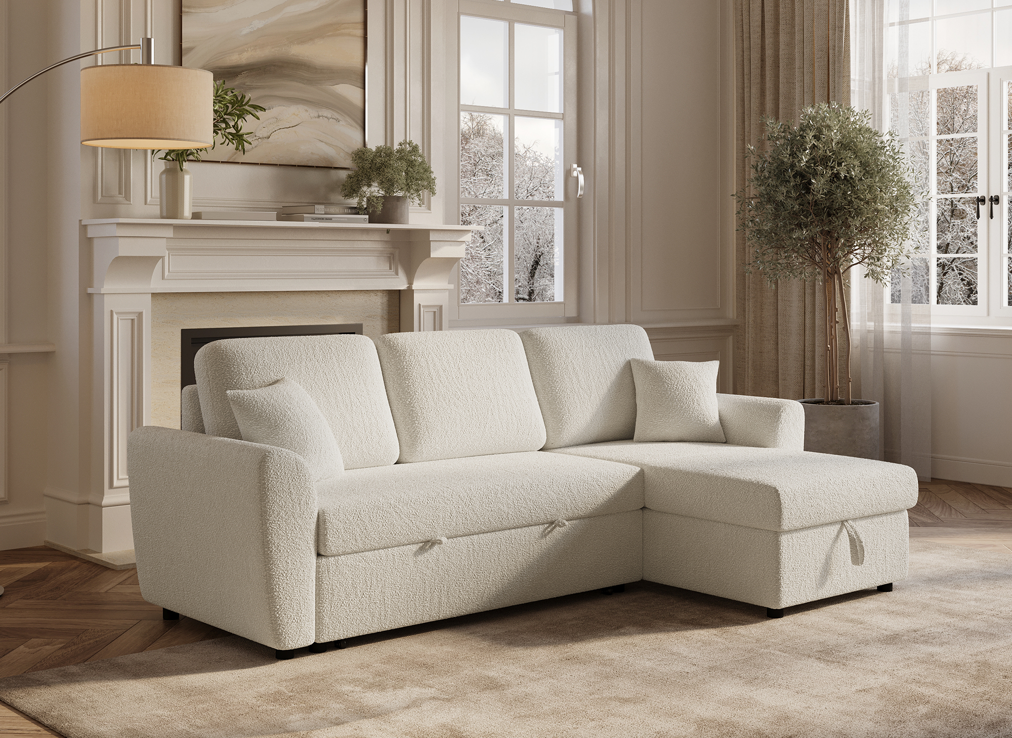 Divano angolare trasformabile e reversibile con cassapanca in tessuto spugna beige ADRYEN