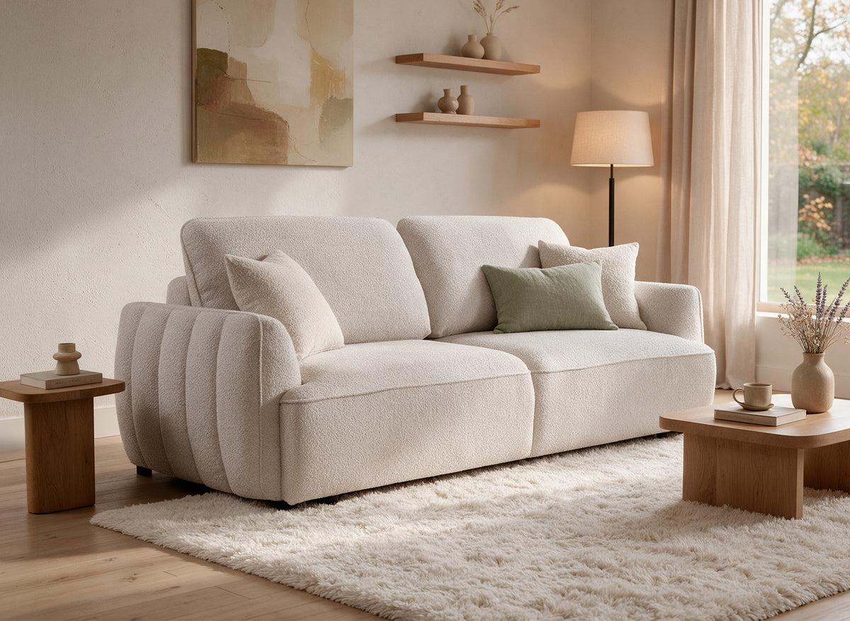 Divano trasformabile dritto a 3 posti con cassapanca in tessuto spugna beige LAUDINE