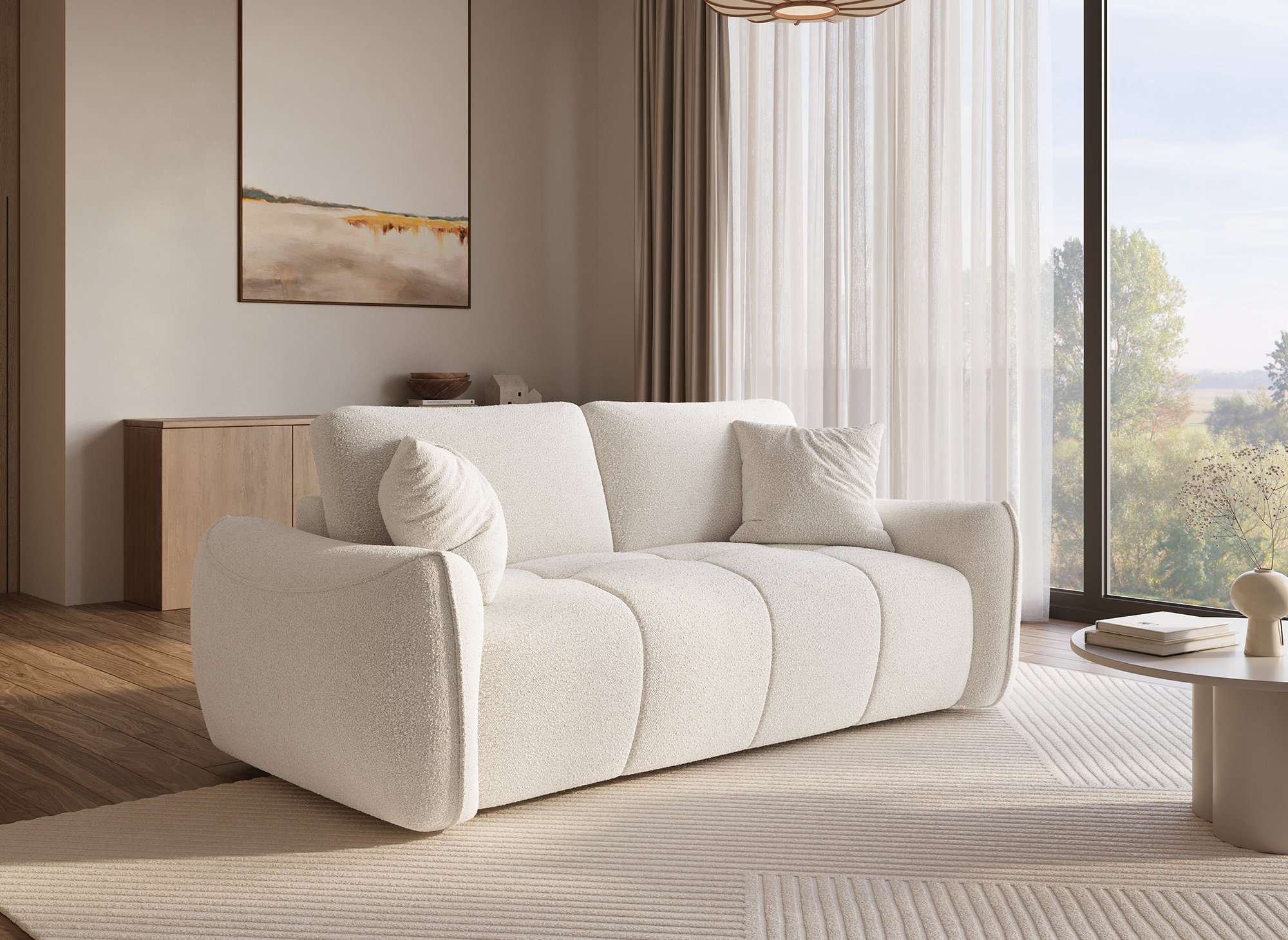 Canapé 3 places en tissu bouclette beige EZRA