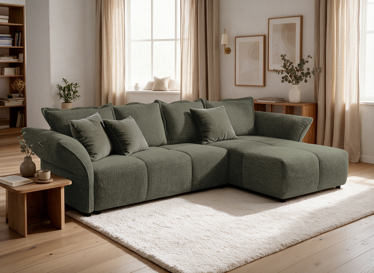 Divano angolare reversibile trasformabile in velluto intrecciato verde oliva BELINE