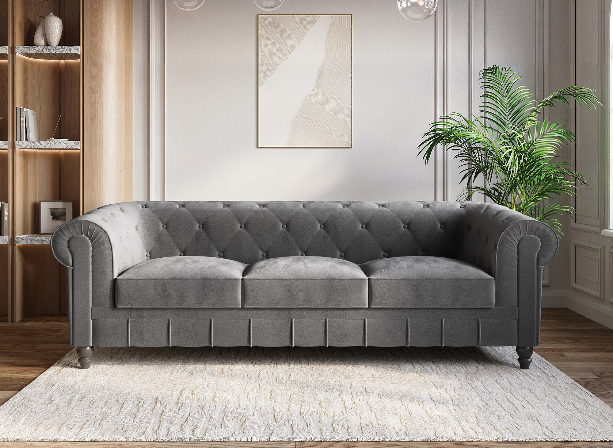Canapé 3 places velours Gris CHESTERFIELD