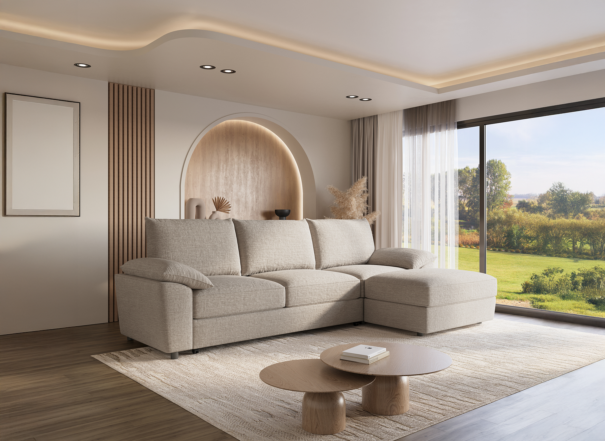 Divano angolare trasformabile con box contenitore in velluto screziato beige GABIN - Angolo retto