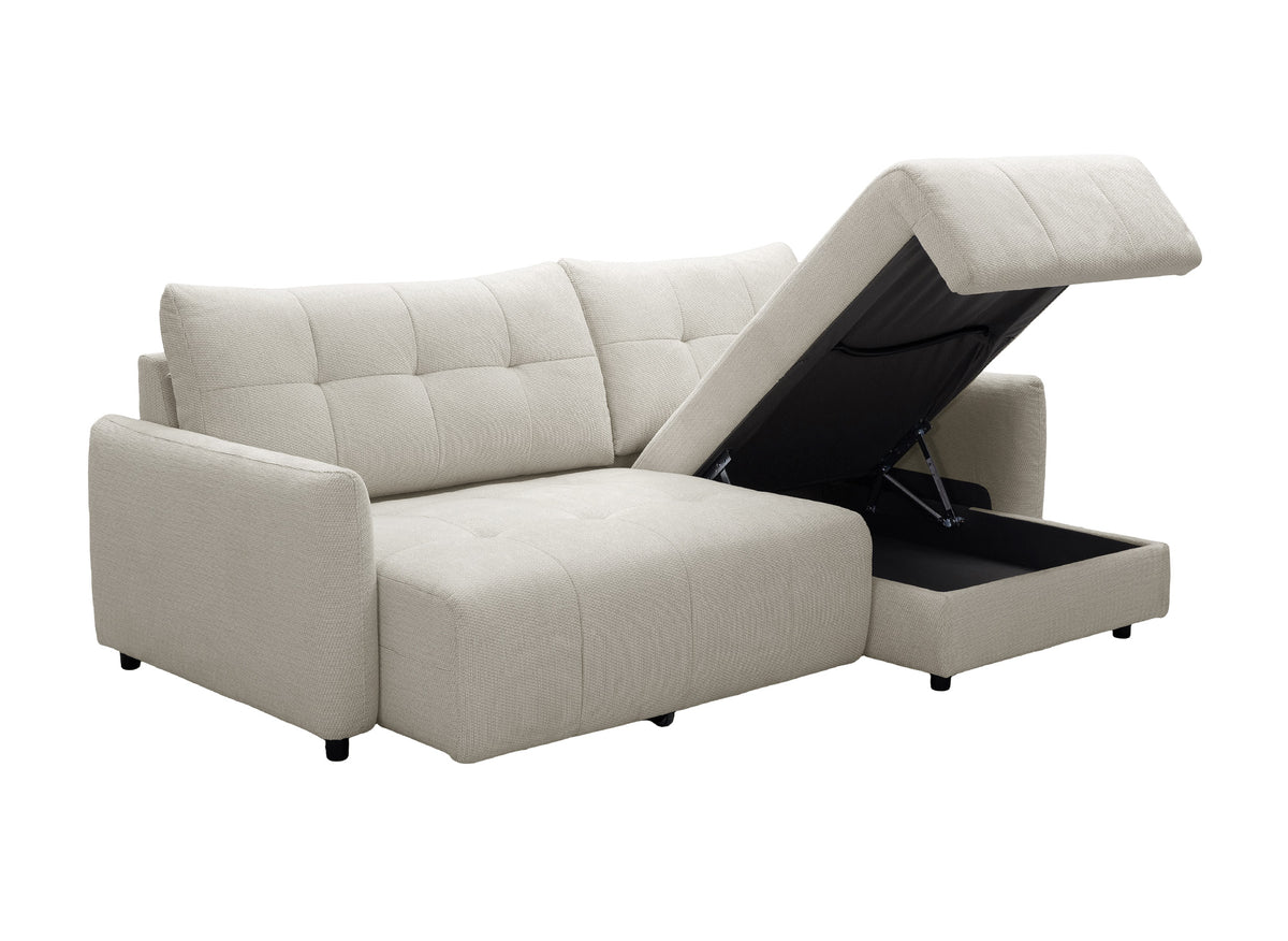Divano angolare relax reversibile con cassapanca in tessuto strutturato beige KALINKA
