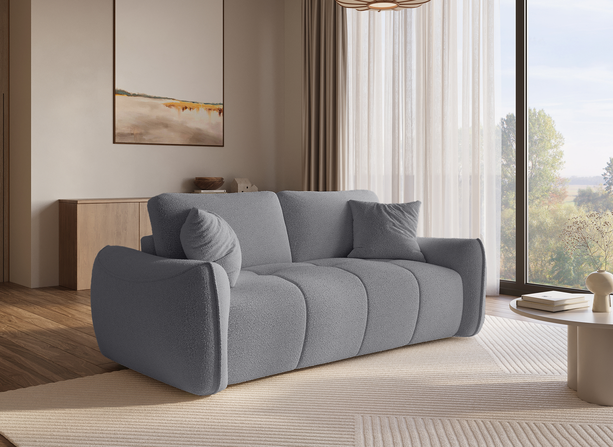 Canapé 3 places en tissu bouclette gris EZRA