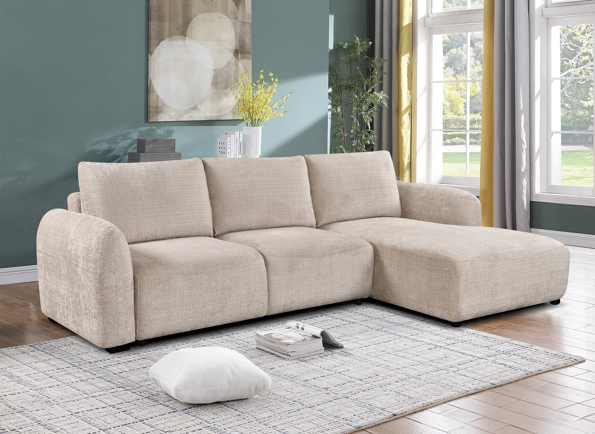 Divano angolare trasformabile con cassapanca in velluto screziato beige MARLA - Angolo retto