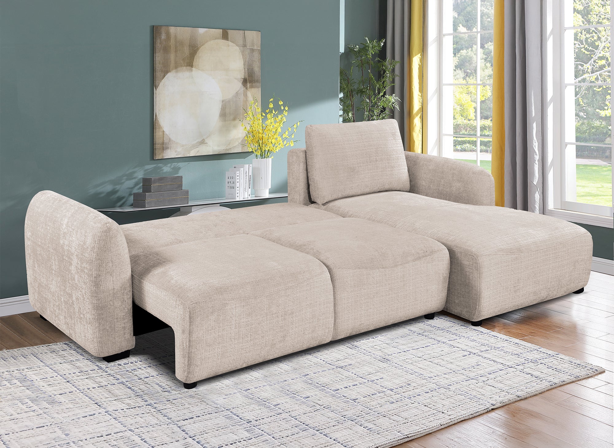 Divano angolare trasformabile con cassapanca in velluto screziato beige MARLA - Angolo retto