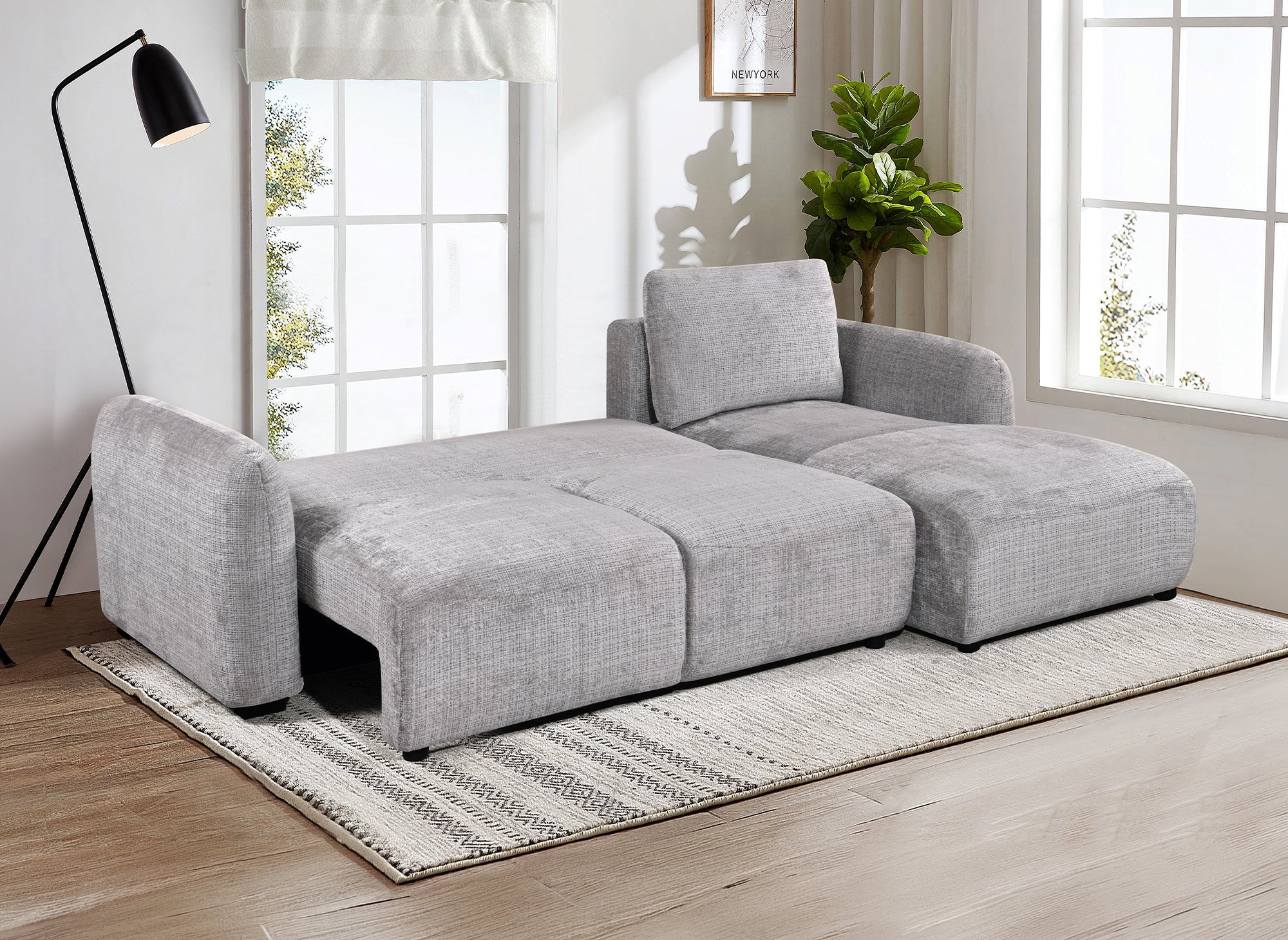 Divano angolare trasformabile con cassapanca in velluto mélange grigio MARLA - Angolo retto