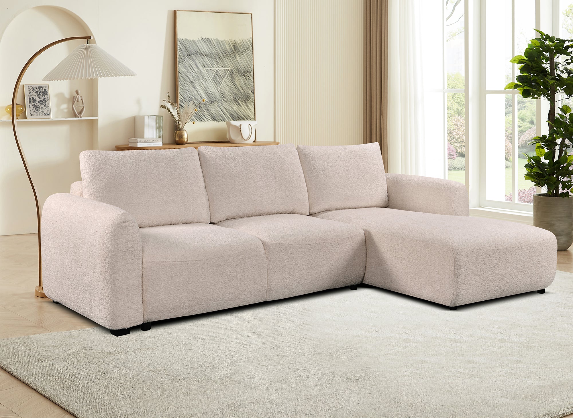 Divano angolare trasformabile con cassapanca in tessuto spugna beige MARLA - Angolo retto