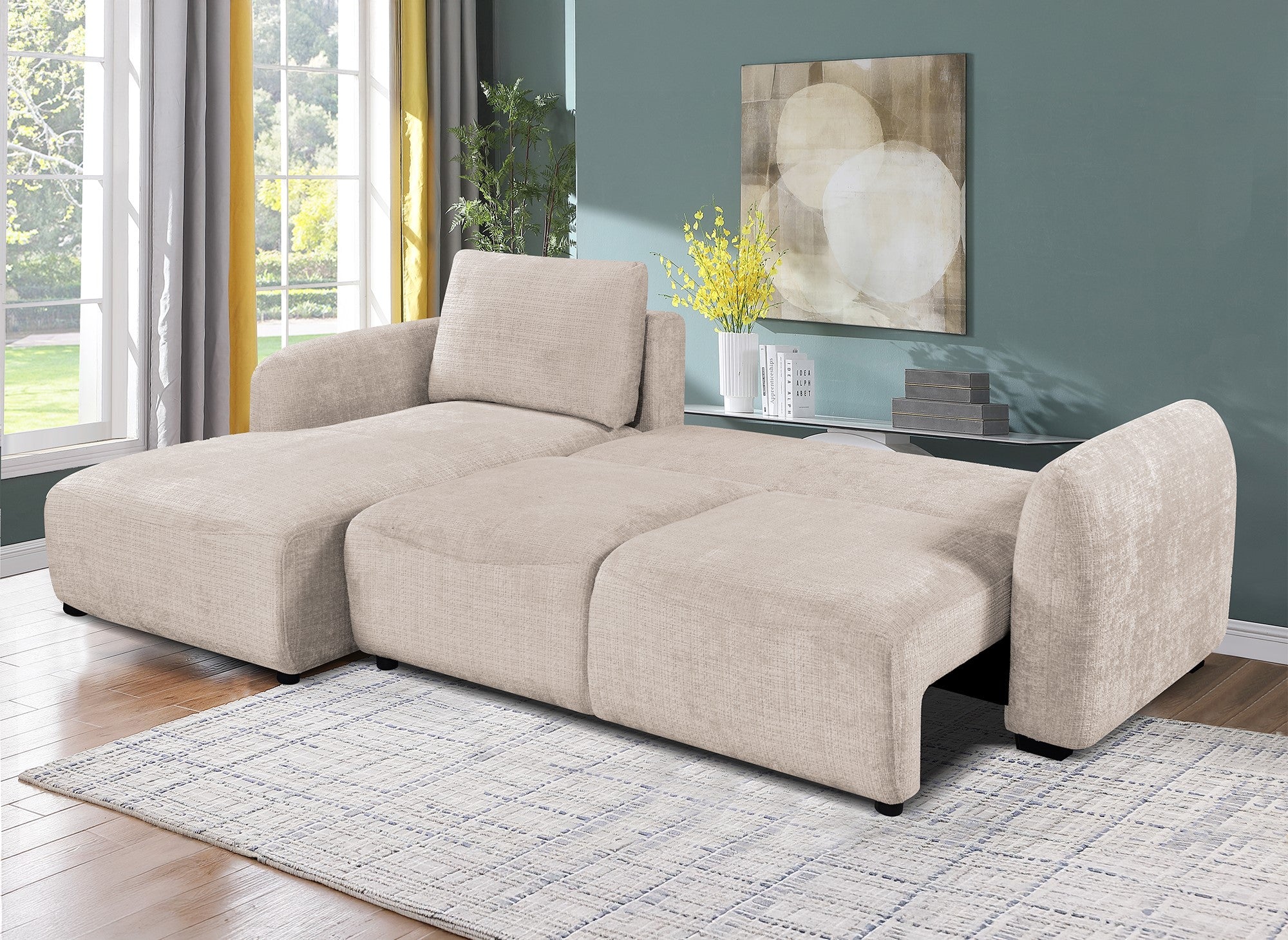 Divano angolare trasformabile con cassapanca in velluto screziato beige MARLA - Angolo sinistro