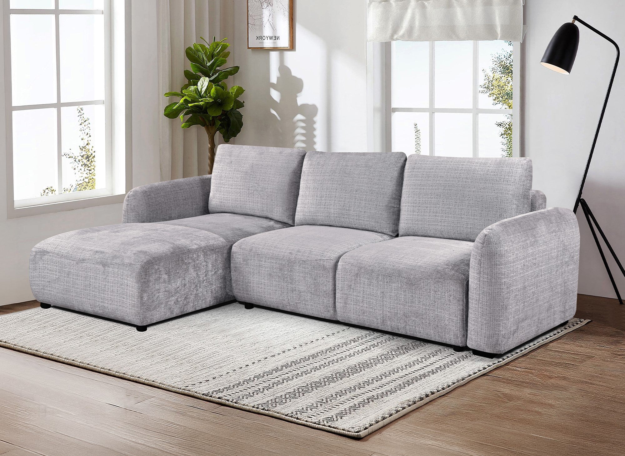 Divano angolare trasformabile con cassapanca in velluto mélange grigio MARLA - Angolo sinistro