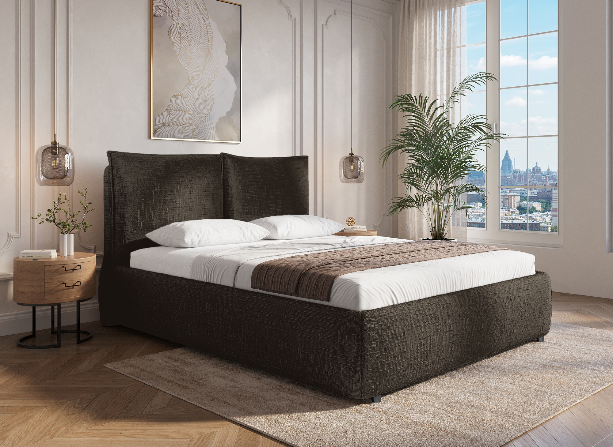 Lit coffre en velours chiné marron 140x190 cm MELY