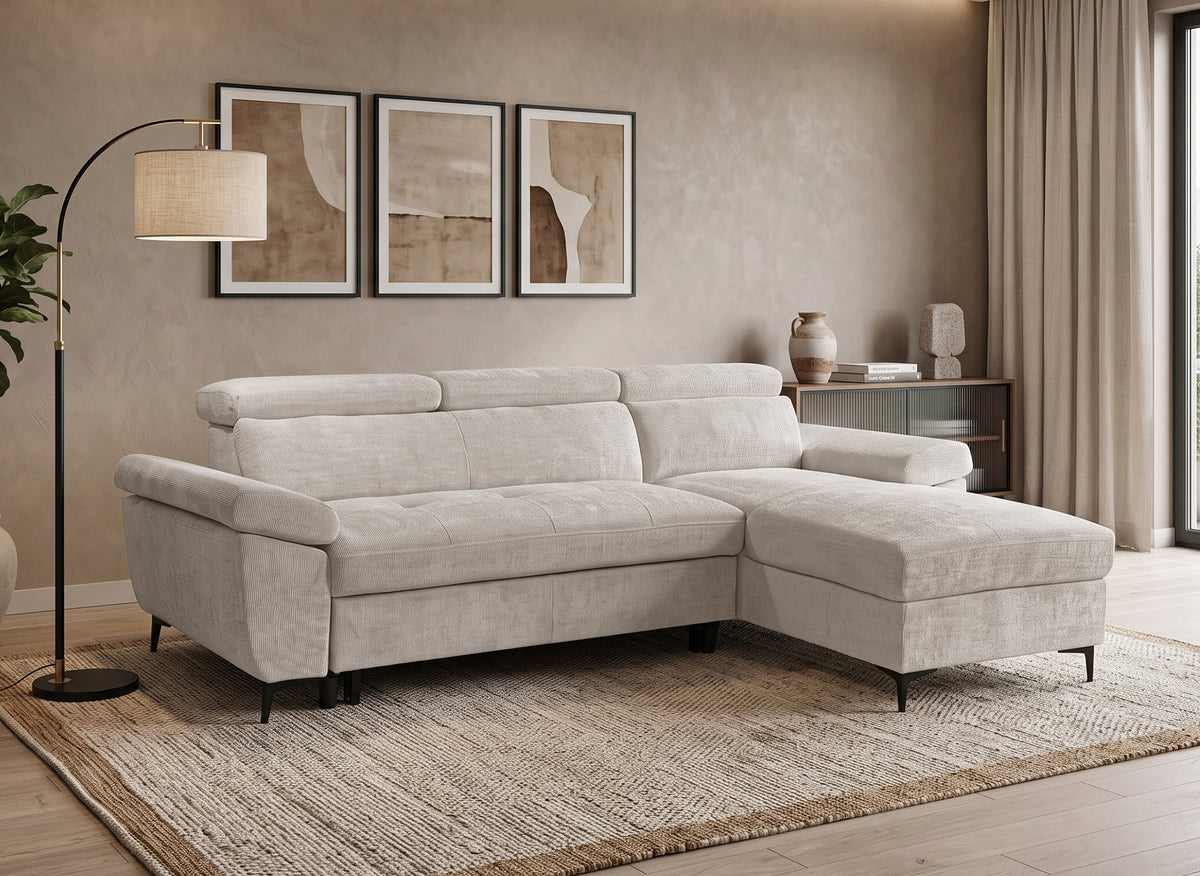 Divano angolare trasformabile in velluto screziato beige MONICA - Angolo retto