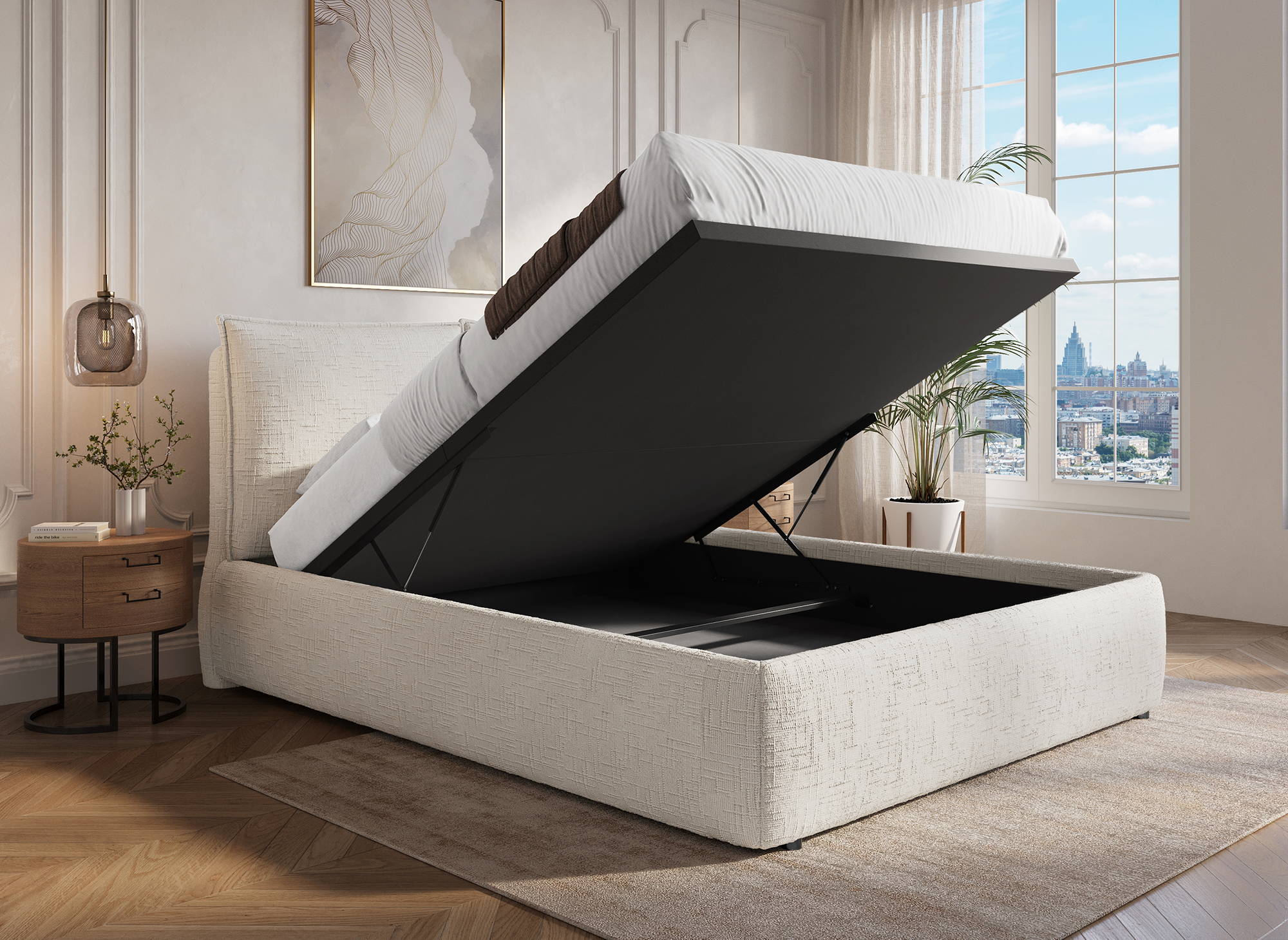 Lit coffre en velours chiné beige 140x190 cm MELY