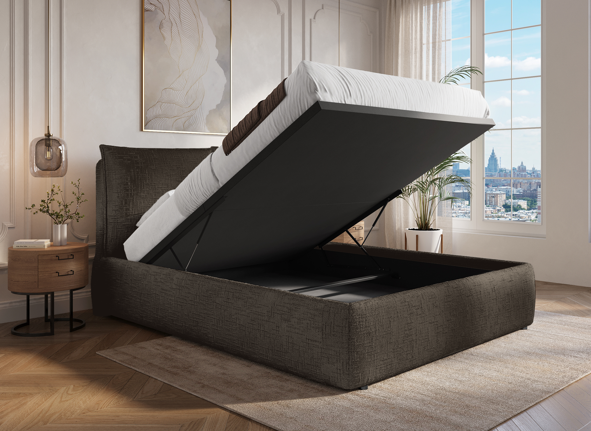 Lit coffre en velours chiné marron 160x200 cm MELY