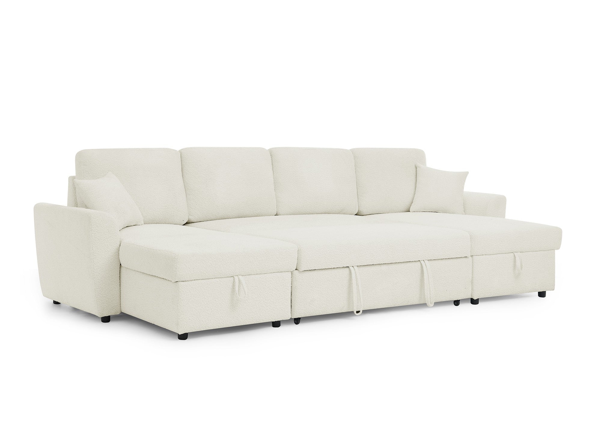 Canapé panoramique convertible 2 coffres de rangement en tissu bouclette beige ADRYEN