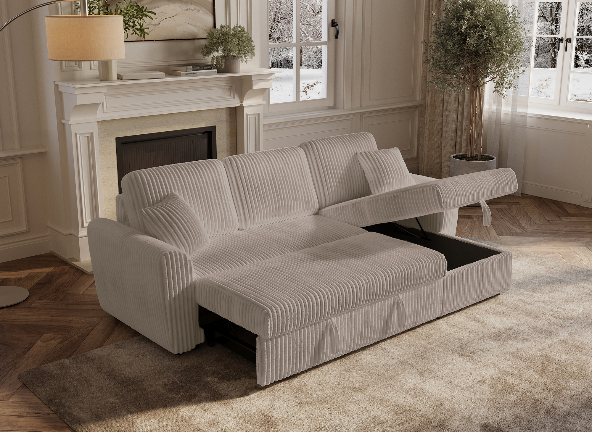 Divano angolare trasformabile e reversibile con cassapanca in velluto a coste spesso color talpa ADRYEN