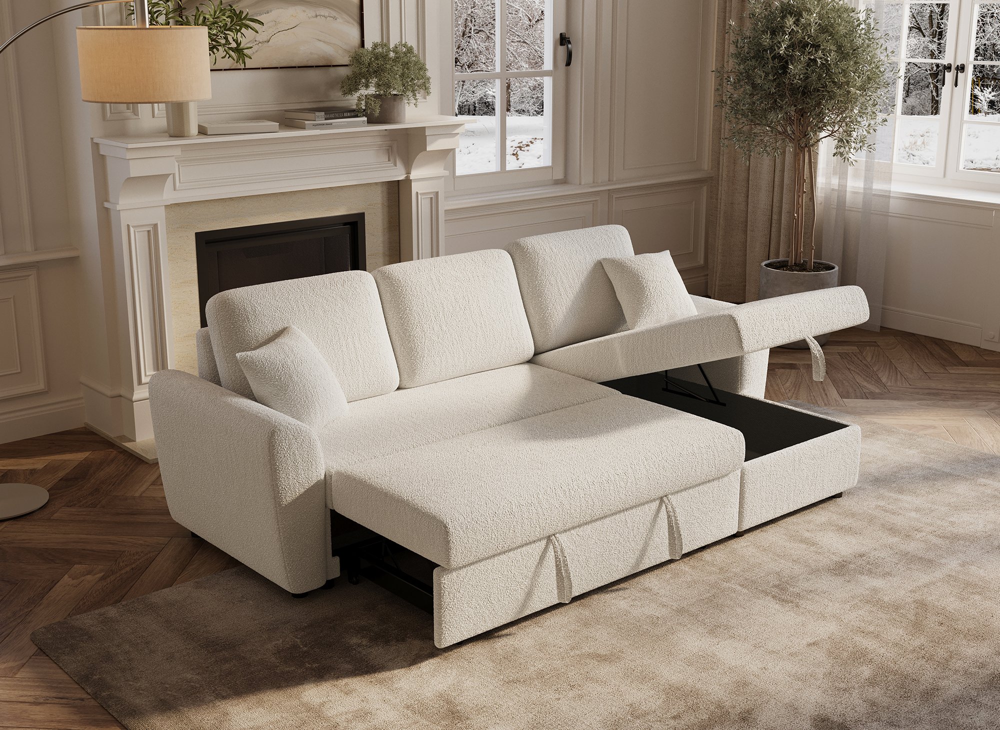 Divano angolare trasformabile e reversibile con cassapanca in tessuto spugna beige ADRYEN