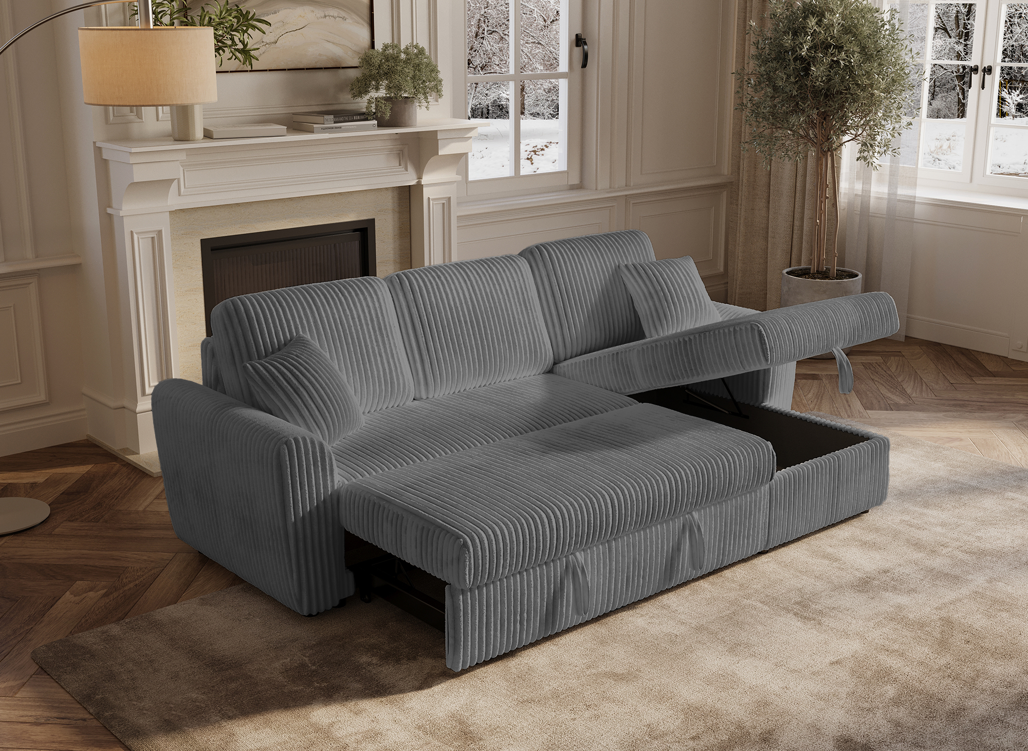 Canapé d'angle convertible et réversible avec coffre en velours côtelé épais gris ADRYEN