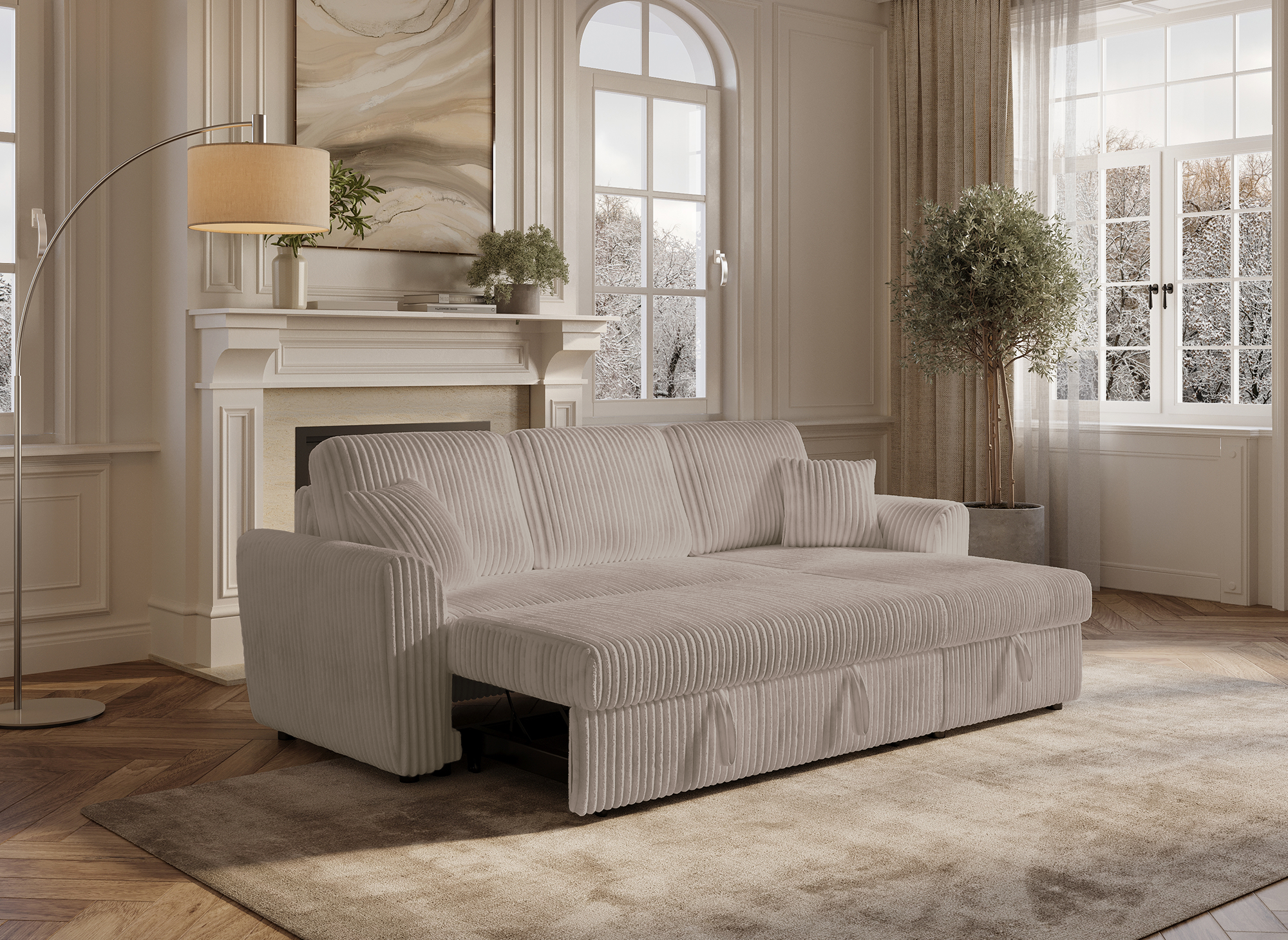 Divano angolare trasformabile e reversibile con cassapanca in velluto a coste spesso color talpa ADRYEN