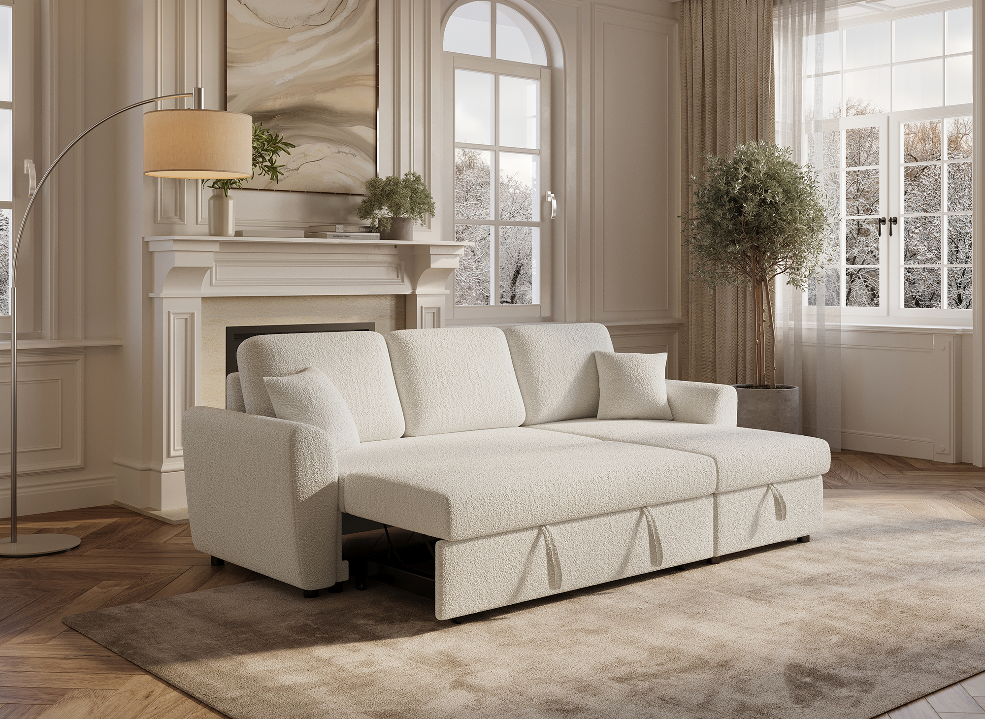 Divano angolare trasformabile e reversibile con cassapanca in tessuto spugna beige ADRYEN