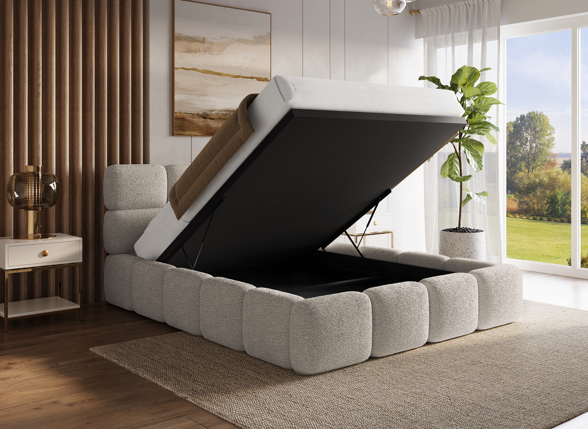 Lit coffre en tissu bouclette taupe 160x200 cm BUBBLE