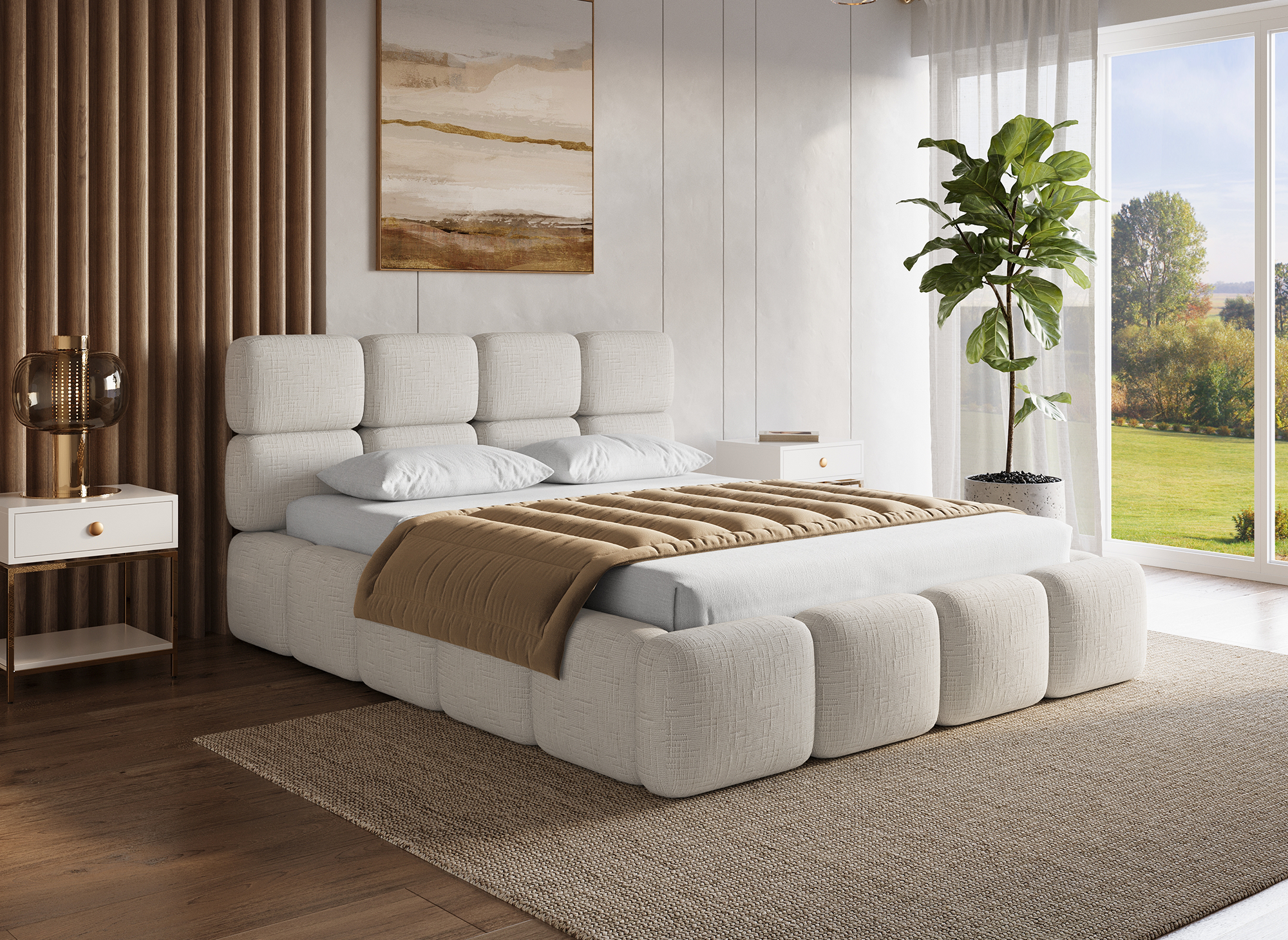 Lit coffre en velours chiné beige 140x190 cm BUBBLE