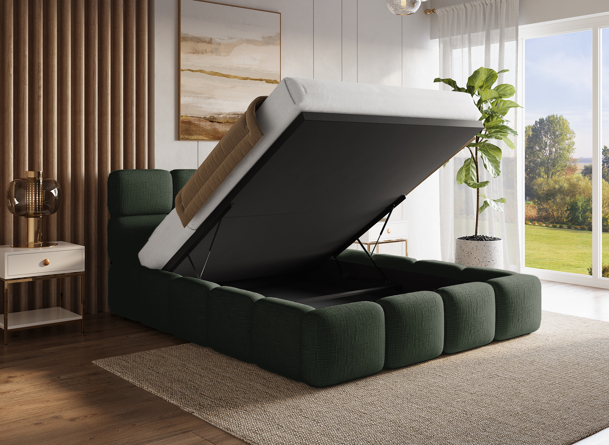 Lit coffre en velours chiné vert olive 140x190 cm BUBBLE