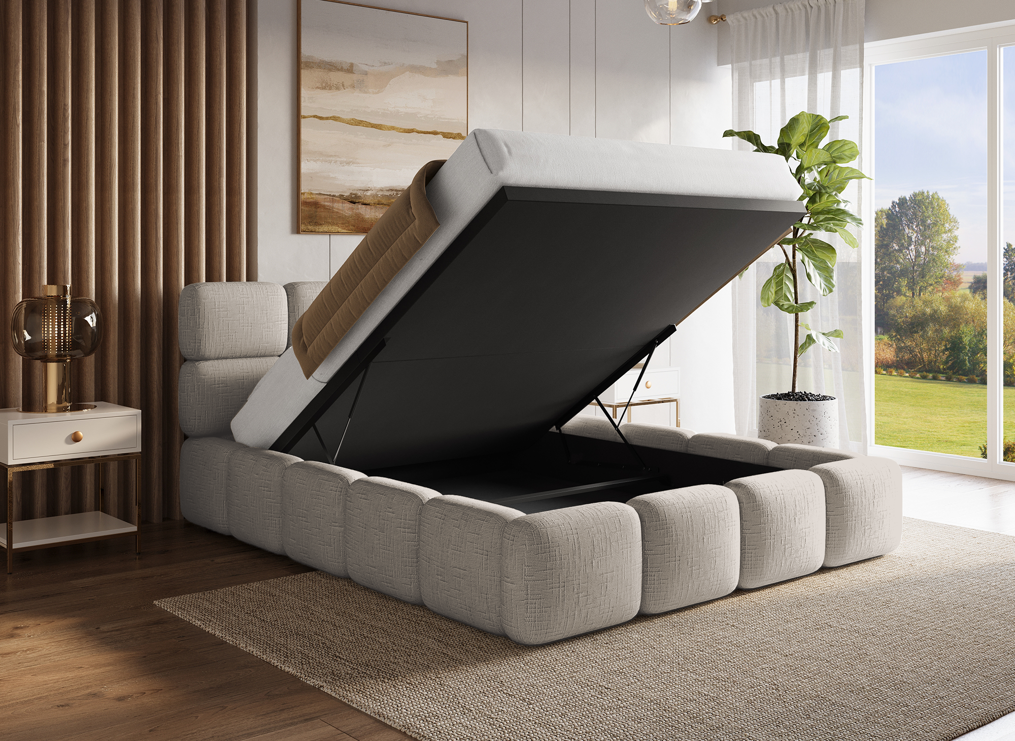 Lit coffre en velours chiné taupe 160x200 cm BUBBLE