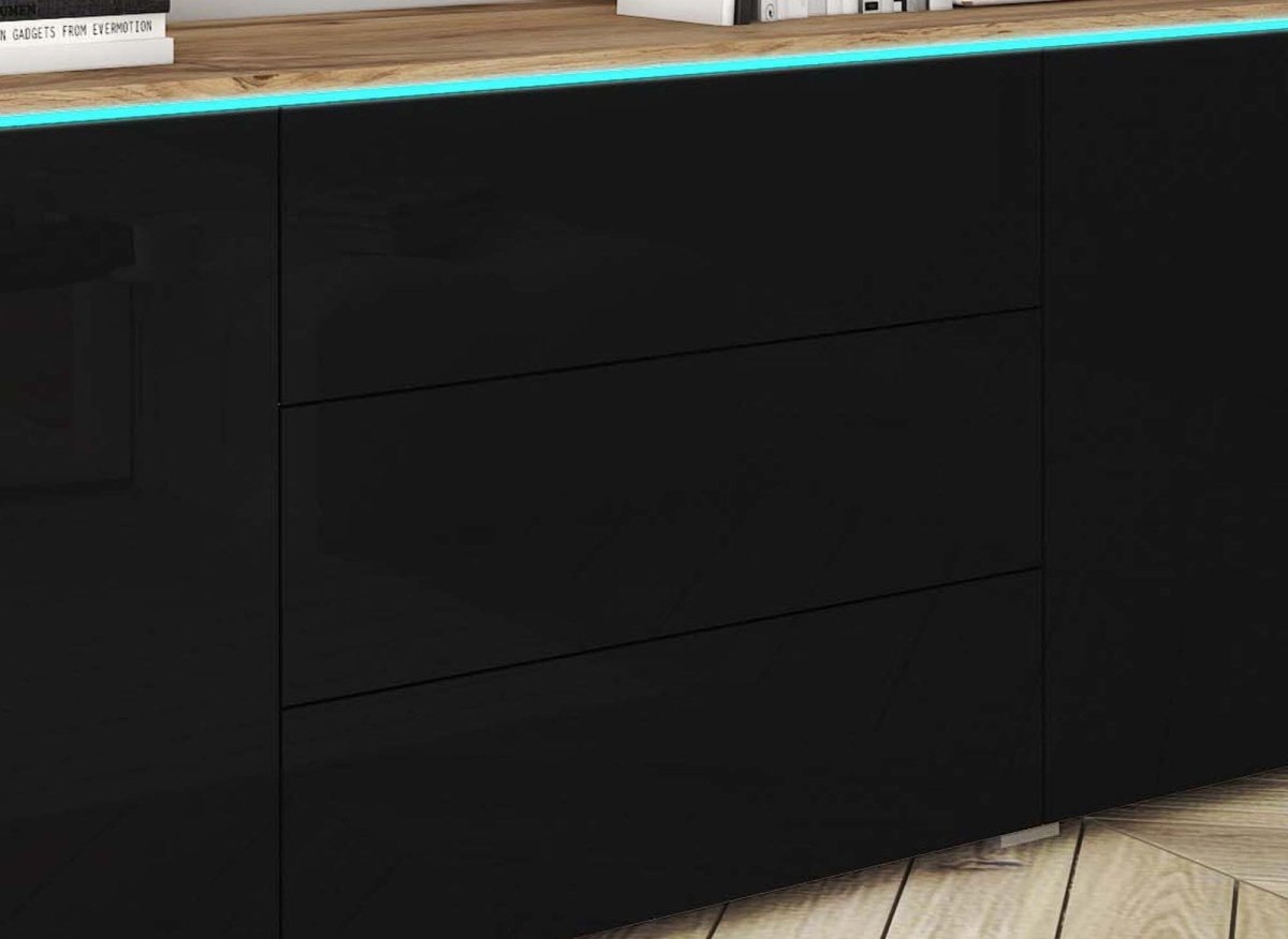 Buffet commode 2 portes 3 tiroirs chêne et noir avec LED - ALEXIA - DécoInParis