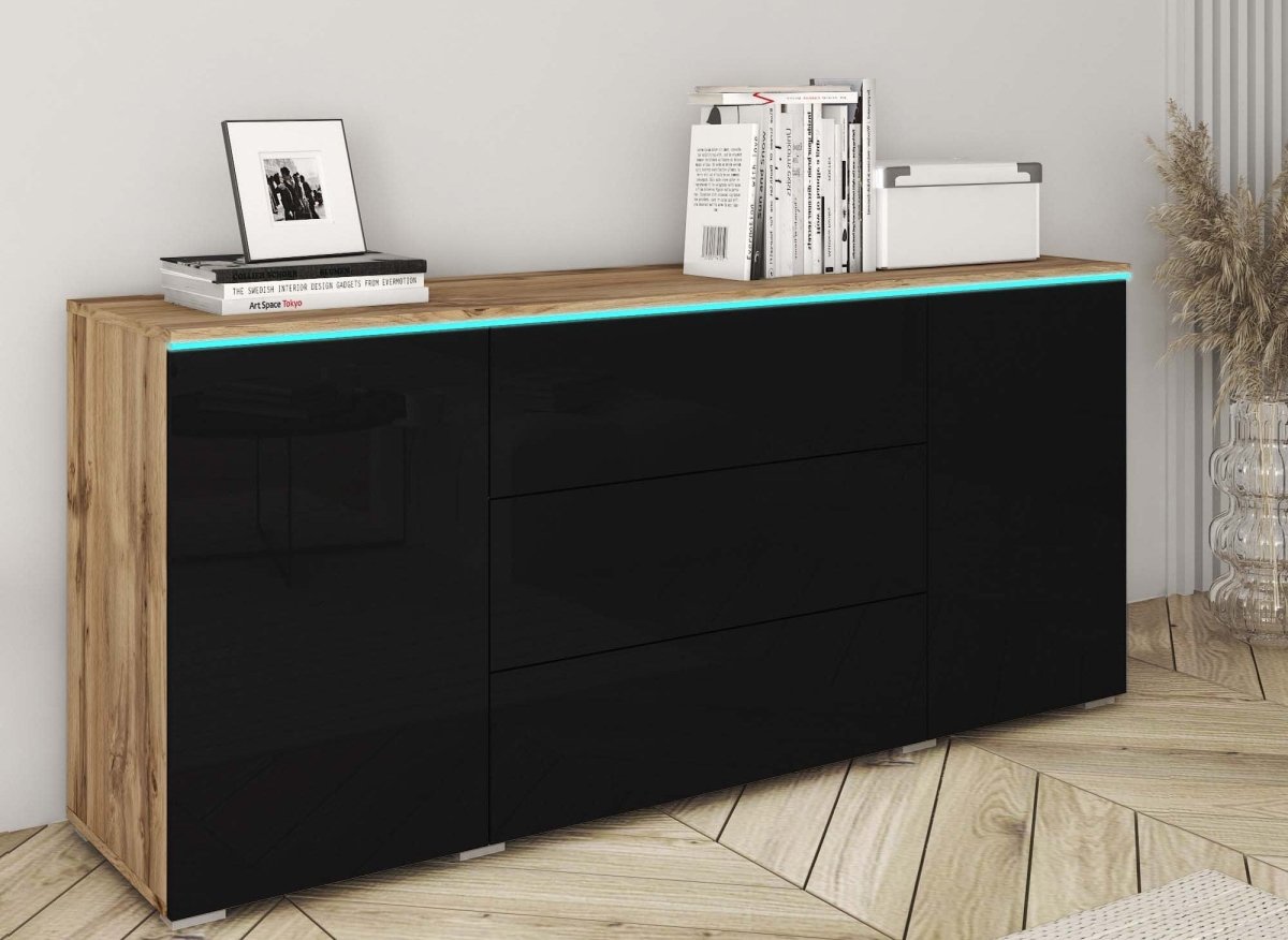 Buffet commode 2 portes 3 tiroirs chêne et noir avec LED - ALEXIA - DécoInParis