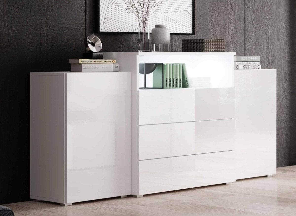 Buffet commodes 2 portes 3 tiroirs blanc laqué avec LED - MARCEL - DécoInParis