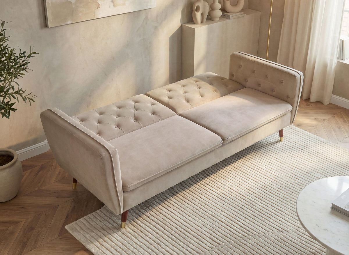 Divano letto trasformabile a 3 posti in tessuto di velluto beige ARIANE