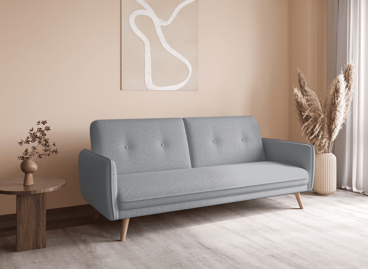 Canapé clic clac en tissu gris clair avec pieds en bois NATAL - DécoInParis