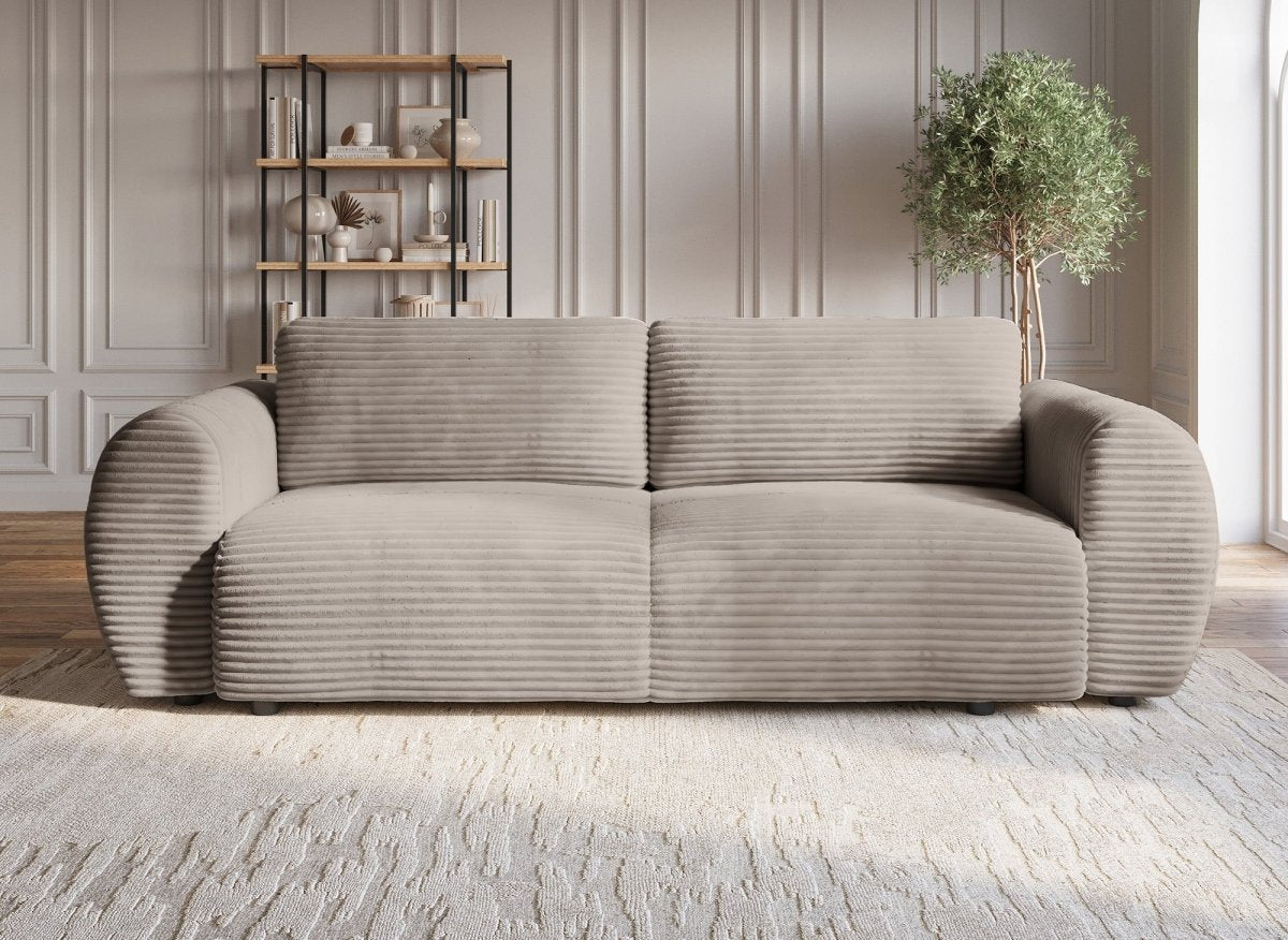 Canapé convertible 3 places avec coffre en gros côtelé doux taupe TILDA - DécoInParis