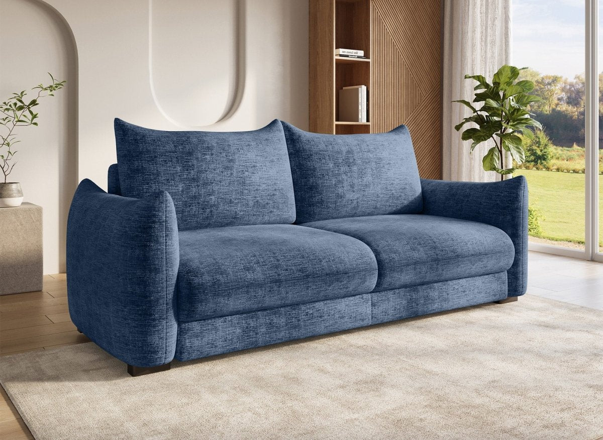 Canapé convertible 3 places avec coffre en velours chiné bleu COLBY - DécoInParis