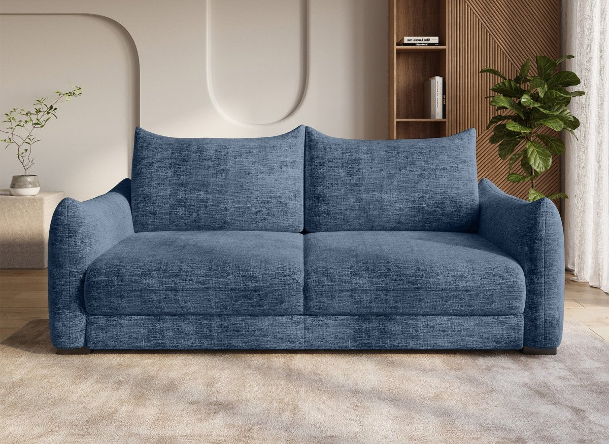 Canapé convertible 3 places avec coffre en velours chiné bleu COLBY - DécoInParis