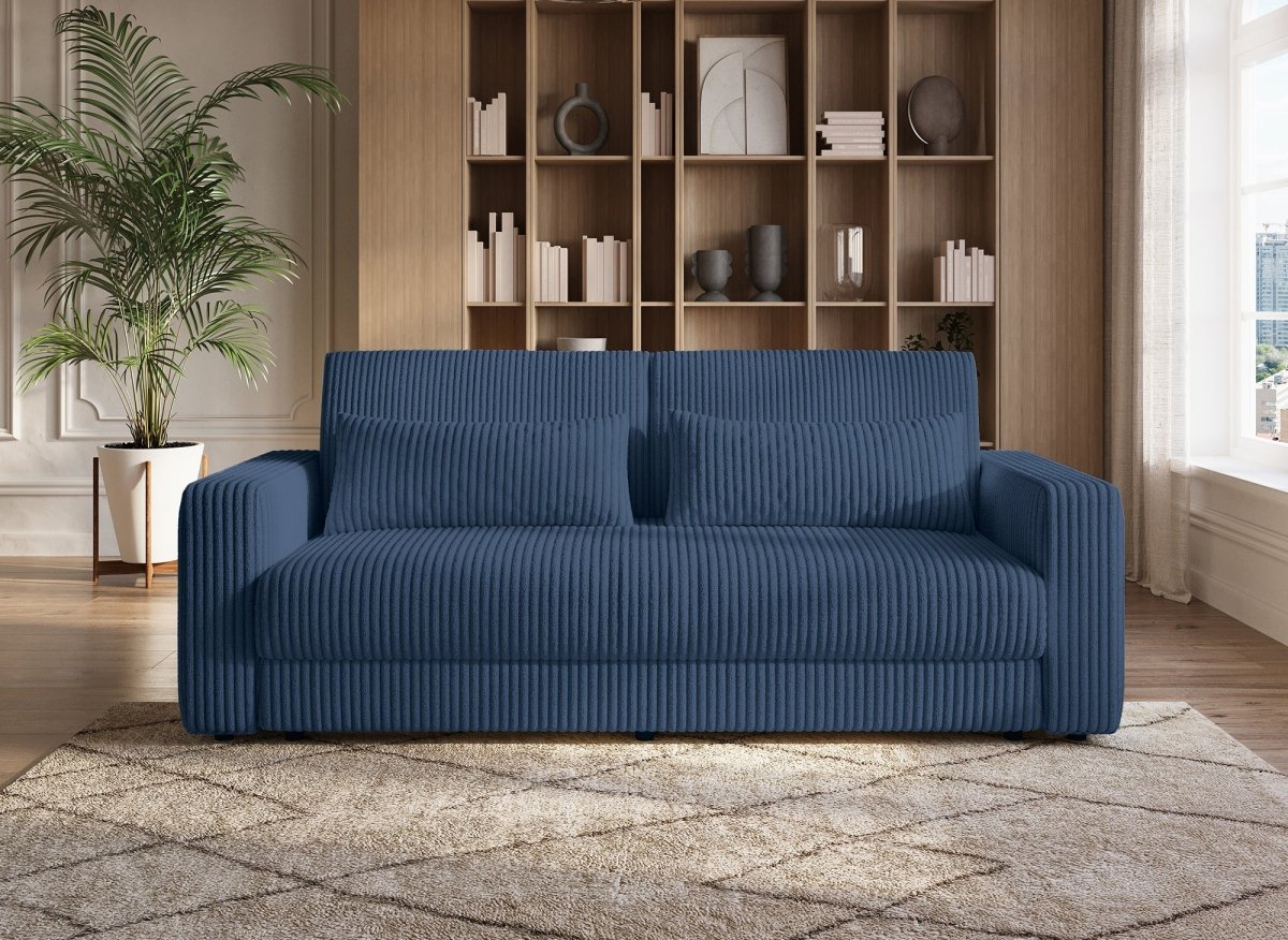 Canapé convertible 3 places avec coffre en velours côtelé épais bleu ZURIA - DécoInParis