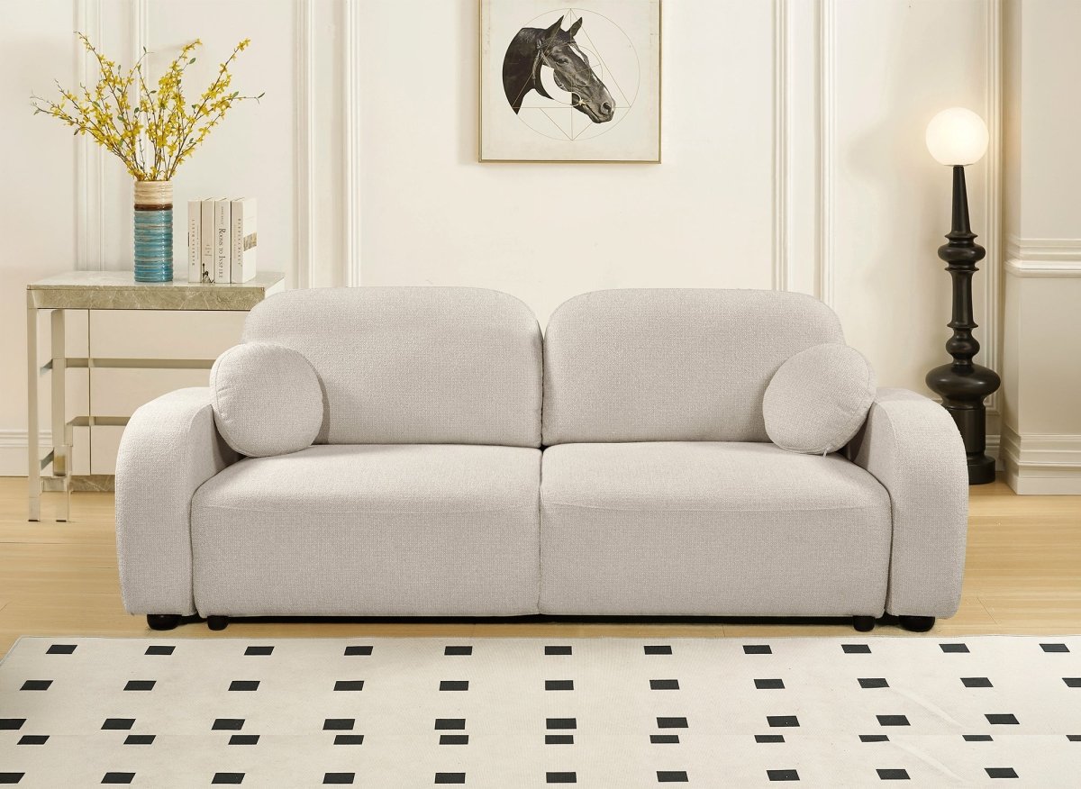 Canapé convertible 3 places en tissu bouclette beige MAYORA - DécoInParis