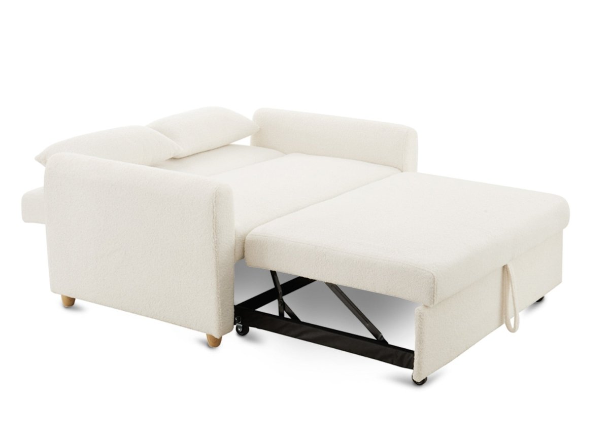 Canapé convertible 3 places en tissu bouclette blanc écru KALAYA - DécoInParis