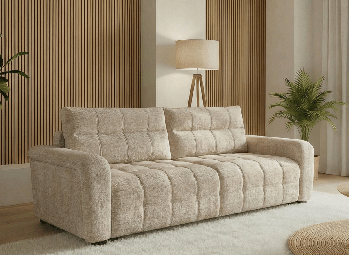 Canapé convertible avec coffre 3 places en velours chiné beige RALYA - DécoInParis