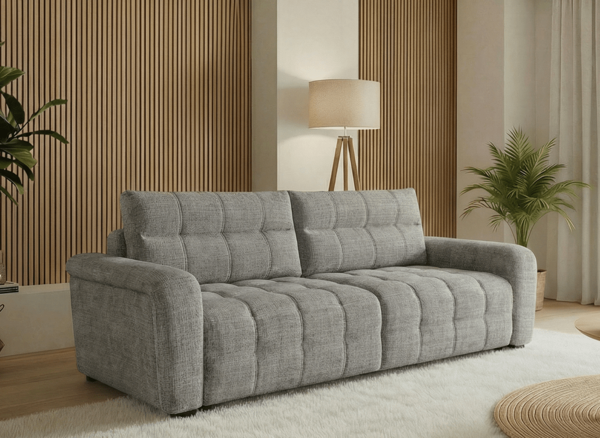 Canapé convertible avec coffre 3 places en velours chiné gris RALYA - DécoInParis