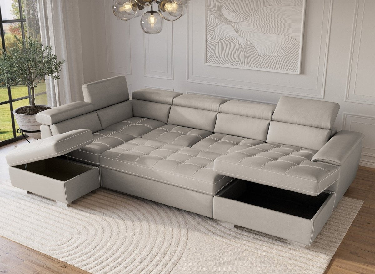 Canapé convertible et panoramique avec coffre de rangement en tissu beige OLIVER - Angle Droit - DécoInParis