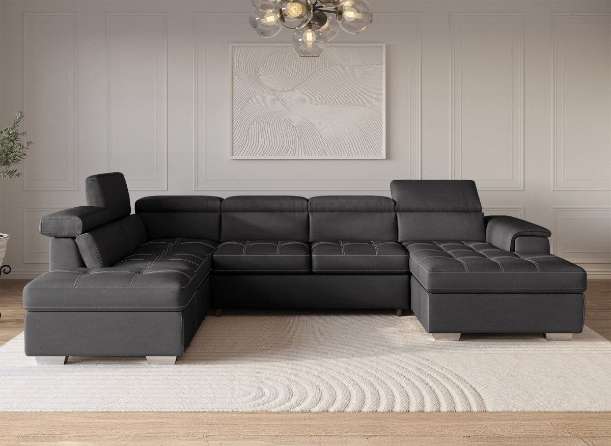 Canapé convertible et panoramique avec coffre de rangement en tissu gris OLIVER - Angle Droit - DécoInParis